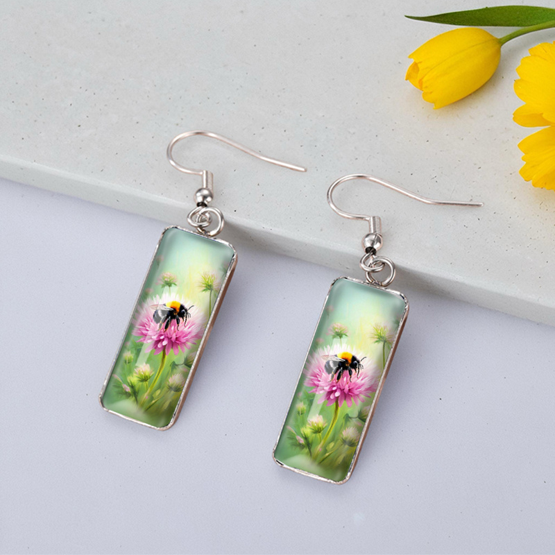 Bee and Pink Chrysanthemums Rectangular Fish Hook Earrings